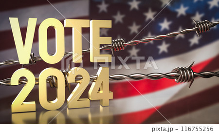 The gold text on flag for United States presidential election concept 3d rendering. 116755256