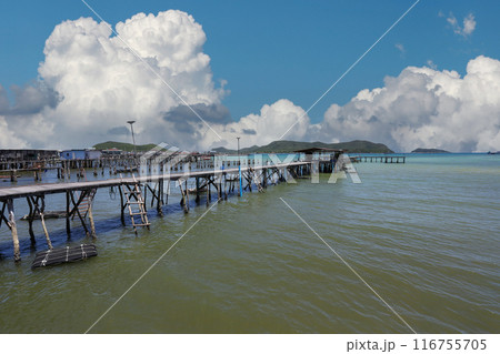 A wooden bridge leads into the sea at a resort on a clear day at Samae San Bay in Chonburi Province in Thailand. 116755705