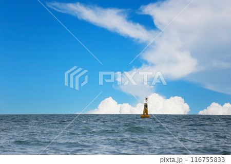 Yellow pilot buoy in the middle of the sea. Yellow pilot buoy in the middle of the sea. 116755833
