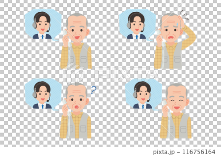 Senior talking on a landline with an operator Facial expression set Senior talking on a landline with an operator Facial expression set 116756164