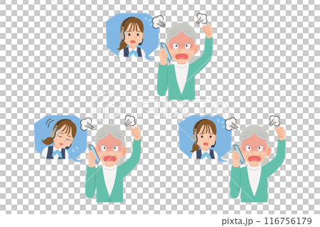 Senior complaining to operator on smartphone Facial expression set Senior complaining to operator on smartphone Facial expression set 116756179