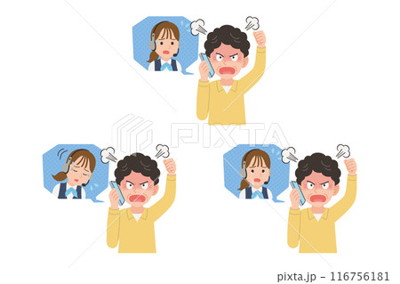 オペレーターにスマホで苦情を言うシニア　表情セット 116756181