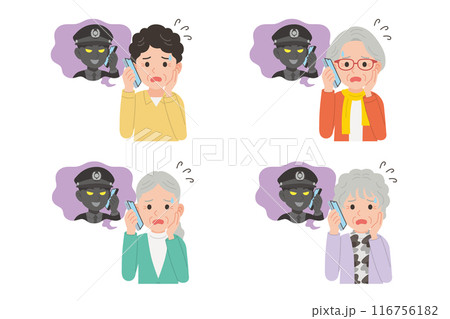 詐欺師とスマホで通話するシニア　表情セット 116756182