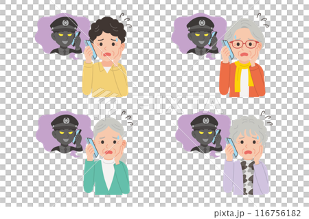 詐欺師とスマホで通話するシニア　表情セット 116756182