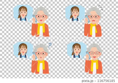オペレーターとスマホで通話するシニア　表情セット 116756185
