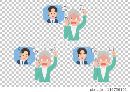 Senior complaining to operator on smartphone Facial expression set Senior complaining to operator on smartphone Facial expression set 116756193