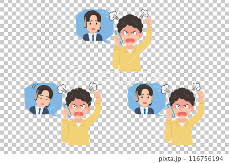 Senior complaining to operator on smartphone Facial expression set Senior complaining to operator on smartphone Facial expression set 116756194