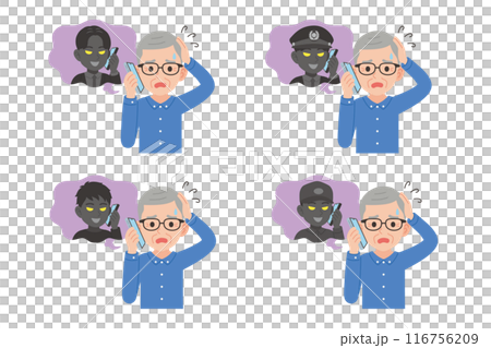 Seniors talking on the phone with a scammer Facial expression set 116756209