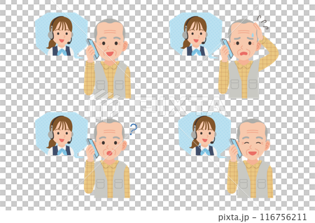 オペレーターとスマホで通話するシニア　表情セット 116756211
