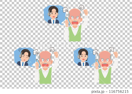 Senior complaining to operator on smartphone Facial expression set Senior complaining to operator on smartphone Facial expression set 116756215