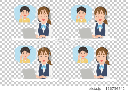 Female operator talking to senior citizen, facial expression set, smiling face Female operator talking to senior citizen, facial expression set, smiling face 116756242