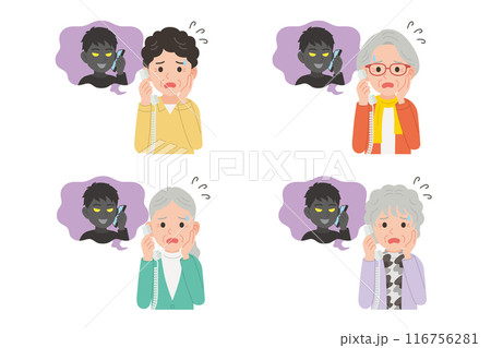 詐欺師と固定電話で通話するシニア　表情セット 116756281