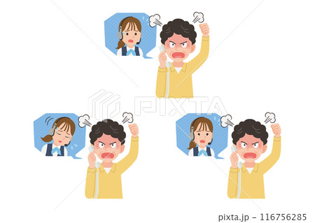 オペレーターに固定電話で苦情を言うシニア　表情セット 116756285