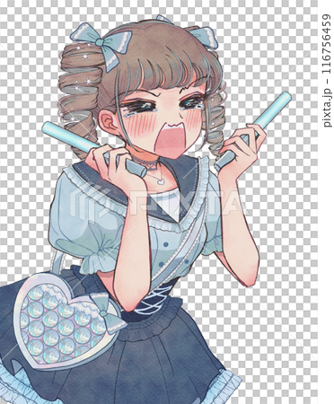 A cartoon illustration of a nerdy girl cheering on her favorite idol at a concert 116756459