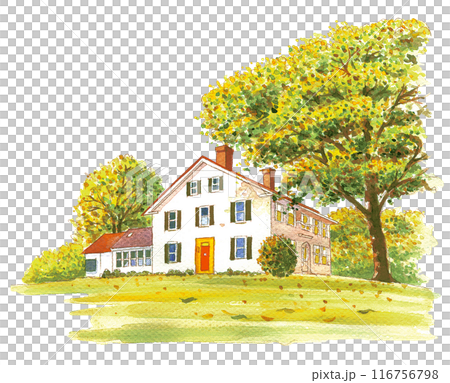 Autumn house painted in watercolor 116756798