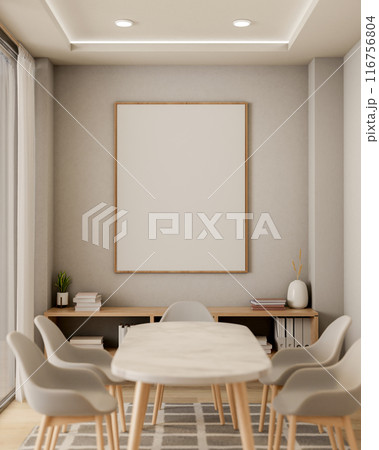 A contemporary, elegant dining room or meeting room features a luxurious white marble table. 116756804