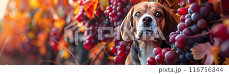 Beagle Dressed as Grape Amid Vibrant Autumn Vineyard Backdrop with Space for Text 116756844