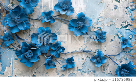 A wall with a blue floral design, which is made up of blue flowers 116756988