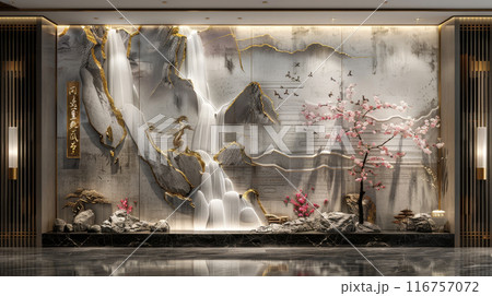 A large wall with a waterfall and a tree with pink flowers 116757072