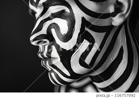 A man's face is painted with black and white stripes A man's face is painted with black and white stripes 116757092