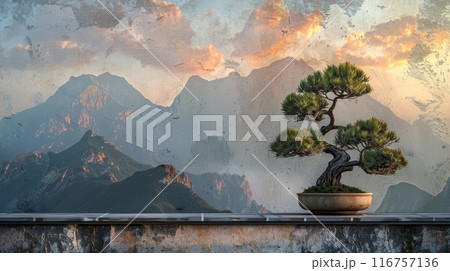 A small bonsai tree sits on a wooden stand in front of a window 116757136