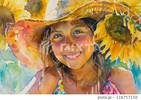 A girl wearing a yellow hat and smiling 116757150