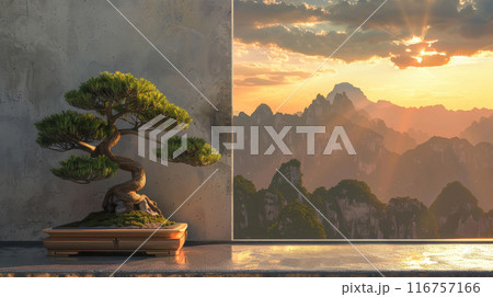 A small bonsai tree sits on a wooden stand in front of a window A small bonsai tree sits on a wooden stand in front of a window 116757166