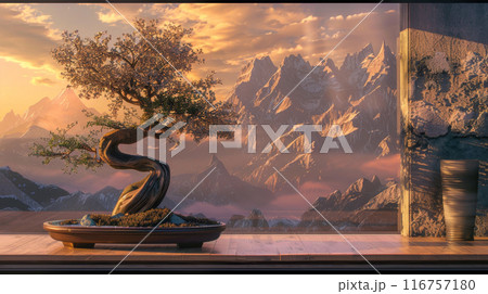 The scene is serene and peaceful, with the tree 116757180