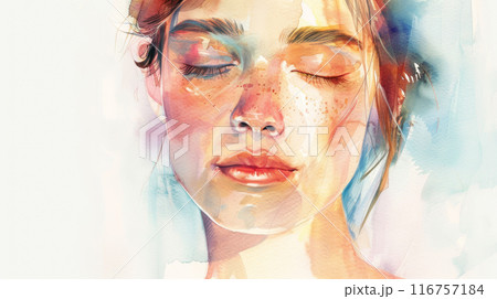 A woman's face is painted in watercolor 116757184