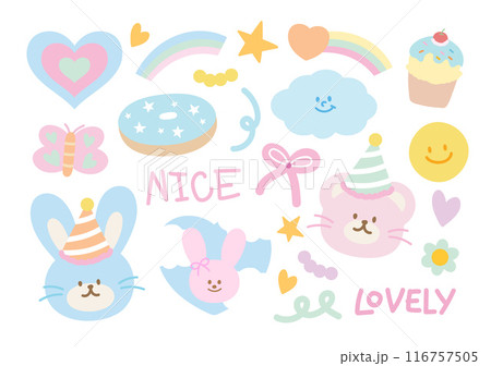 Pastel illustration of bunny, teddy bear, rainbow, heart, butterfly, donut, cupcake, party hat, cloud for cartoon character, comic, mascot, sweet dessert, cute patches, shirt print, easter, animal, ad Pastel illustration of bunny, teddy bear, rainbow, heart, butterfly, donut, cupcake, party hat, cloud for cartoon character, comic, mascot, sweet dessert, cute patches, shirt print, easter, animal, ad 116757505