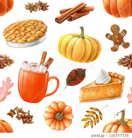 Thanksgiving traditional food and drinks seamless pattern. Painted illustration. Hand drawn pumpkin, apple pie, cake, caramel latte, cinnamon, clove elements on white background. Autumn mood pattern 116757538