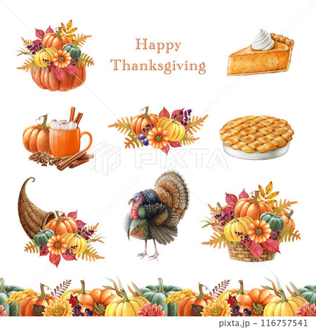 Thanksgiving festive decor elements set. Watercolor vintage style illustration. Hand drawn autumn floral decor, apple pie, cornucopia, turkey, food, drinks. Thanksgiving elements on white background 116757541