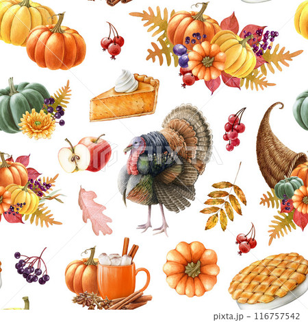 Thanksgiving decor elements seamless pattern in warm colors. Watercolor vintage style illustration. Traditional Thanksgiving decoration, apple pie, turkey bird, flowers seamless pattern Thanksgiving decor elements seamless pattern in warm colors. Watercolor vintage style illustration. Traditional Thanksgiving decoration, apple pie, turkey bird, flowers seamless pattern 116757542