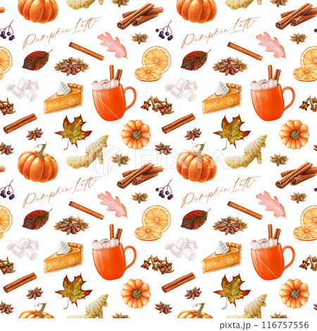 Autumn season traditional treats seamless pattern. Painted spice pumpkin latte, cinnamon, clove, apple pie, fallen leaves and flower elements. Autumn mood cozy seamless pattern in warm colors 116757556
