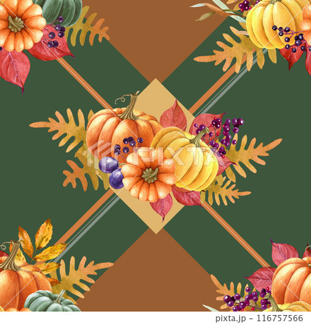 Autumn mood decor seamless pattern. Vintage style painted illustration. Autumn season flowers, pumpkins, fallen leaves, fruit, geometric elements. Thanksgiving seamless pattern dark green background 116757566