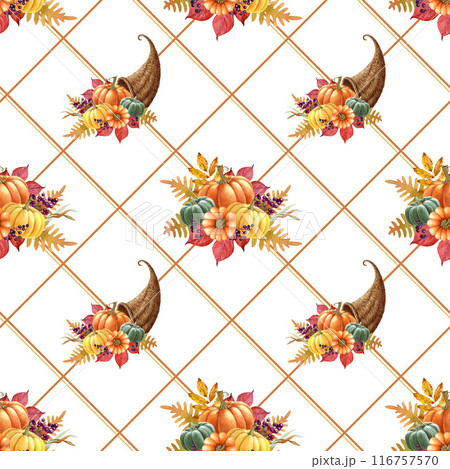 Thanksgiving decor seamless pattern. Watercolor vintage style illustration. Thanksgiving elements, pumpkins, cornucopia, fallen leaves, geometric lines. Autumn mood endless pattern in warm colors 116757570