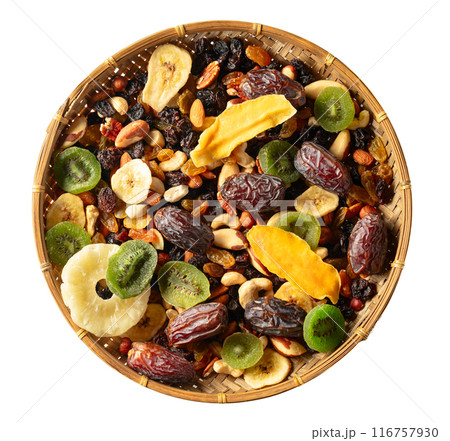 Dried tropical fruits with various nuts and raisins. 116757930