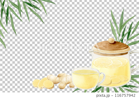 Ginger tea with leaves in glass teapot and cup horizontal corner frame watercolor illustration isolated on white. Hand drawn organic hot drink for delicious healthy recipes or banner templates 116757942
