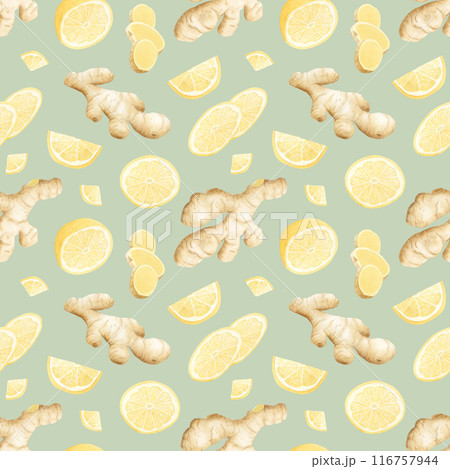 Pastel ginger lemon slices watercolor seamless pattern on light green. Hand drawn background with organic natural vegetables and fruits for kitchen textile, healthy food packaging or fresh lemonade Pastel ginger lemon slices watercolor seamless pattern on light green. Hand drawn background with organic natural vegetables and fruits for kitchen textile, healthy food packaging or fresh lemonade 116757944