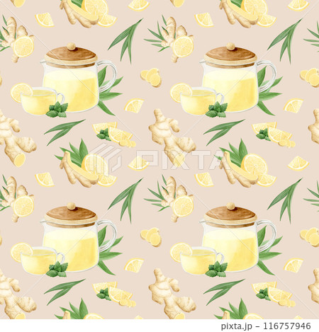 Ginger lemon tea brewing in glass teapot watercolor seamless pattern on pastel beige or peach background. Hand drawn organic antioxidant hot drink in elegant cup Ginger lemon tea brewing in glass teapot watercolor seamless pattern on pastel beige or peach background. Hand drawn organic antioxidant hot drink in elegant cup 116757946