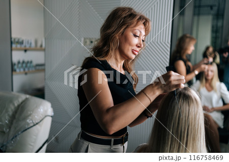 Rear view of female hairstylist applying peeling purifying and soothing cosmetics product to scalp using cotton swabs. Blonde woman client having professional hair beauty treatment. 116758469