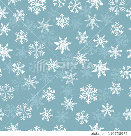 Winter Snowflakes Seamless Pattern. Christmas hand drawn white snow print on gray background. New year texture for print, wrapping paper, design, fabric, decor, gift, backgrounds. Not AI Vector 116758975