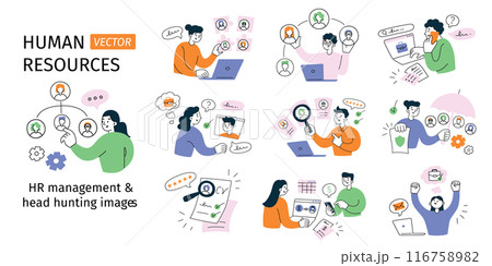Vector illustration set of human resources scenes. Hiring, interviews, candidate search, and personnel management. Cartoon, flat style. Perfect for HR, recruitment, teamwork, and business themes Vector illustration set of human resources scenes. Hiring, interviews, candidate search, and personnel management. Cartoon, flat style. Perfect for HR, recruitment, teamwork, and business themes 116758982