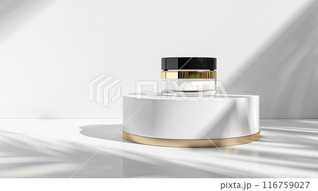 Face cream in a glass jar on a white and gold background. Skin care concept. Backdrop for beauty cosmetic products 116759027