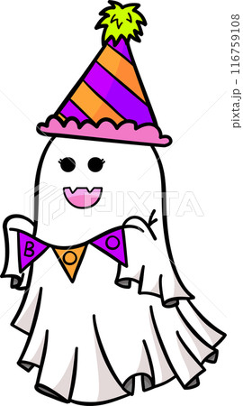 Cute cartoon ghost with Halloween bunting for Halloween party	 116759108