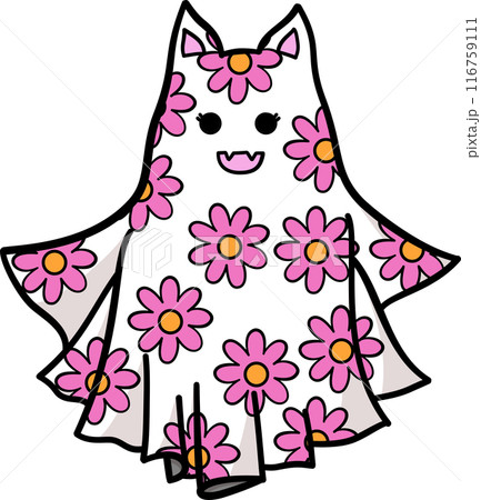 Cute cartoon cat ghost with pink flowers pattern in Halloween	 116759111