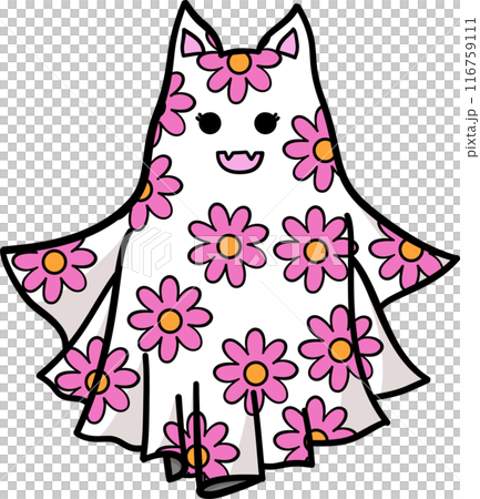 Cute cartoon cat ghost with pink flowers pattern in Halloween	 116759111