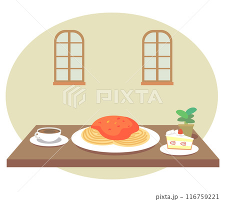 カフェの店内で出されたパスタとコーヒーとケーキのイメージイラスト 116759221