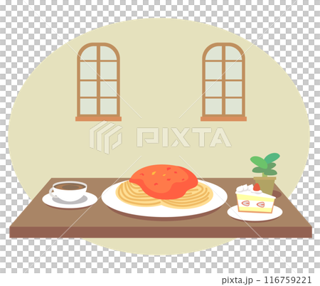 Illustration of pasta, coffee and cake served in a cafe 116759221