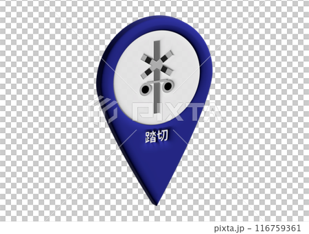 Map pin, 3D, railroad crossing, railroad crossing marker, pictogram, map symbol illustration 116759361